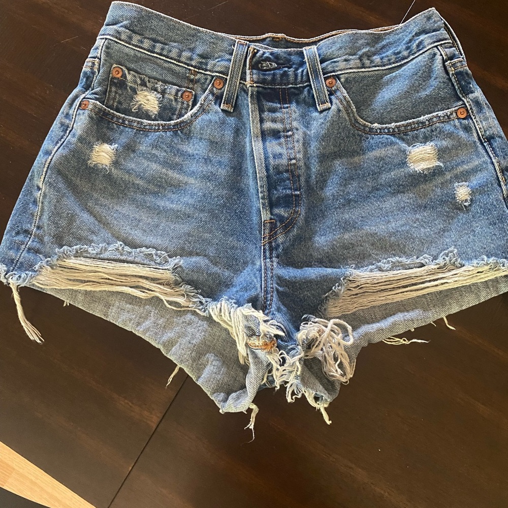 Levi's Light Blue Distressed High-Rise Jean Shorts